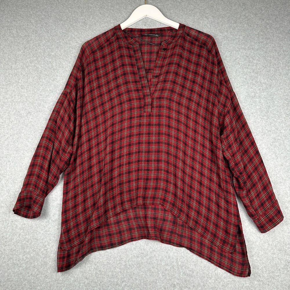 Zara Blouse Womens S Plaid Long Sleeve V Neck Semi Sheer Oversized High Low - Picture 1 of 11